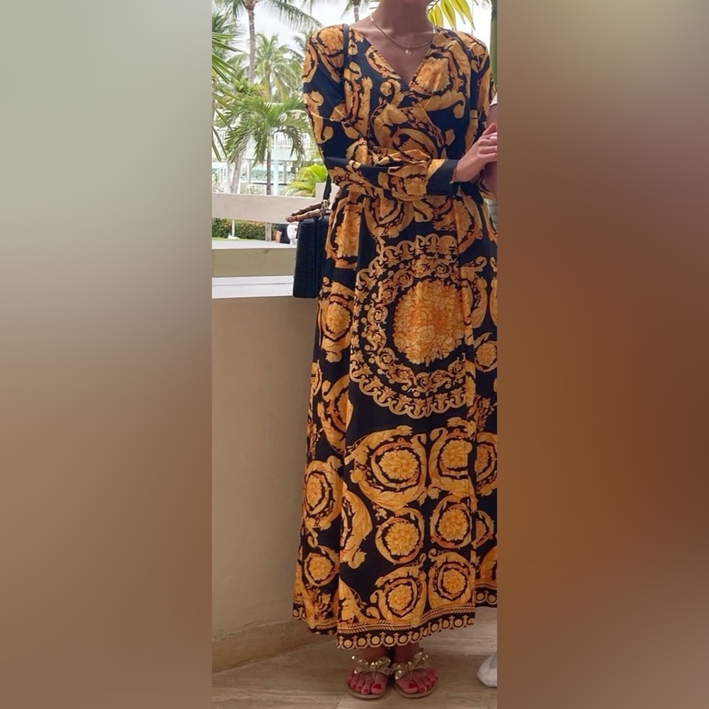 Black & Gold Baroque V-Neck Maxi Dress